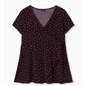 Torrid Black and Red Hearts Studio Knit Surplice Wrap Top